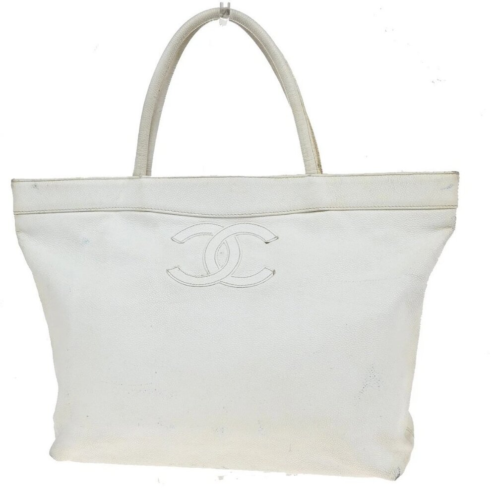 CHANEL CC Shoulder Hand Tote Bag Grained Calfskin Leather White Vintage 84KP139 - Picture 1 of 15